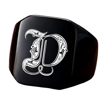 Vnox 18mm Chunky Signet Ring for Men Black Stainless Steel Engraved Royal Initialen Letter Initial Stamp Ring Custom Jewelry