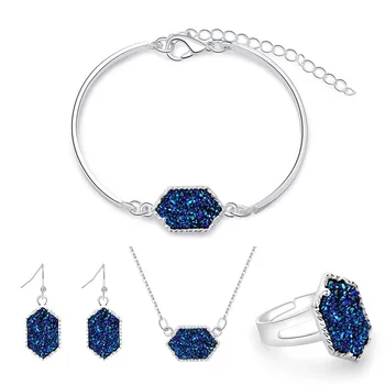 

Druzy Jewelry Set Hexagon Drusy Necklace Bracelet Earrings Ring Resin Geometric Gold Color Fashion Brand Women