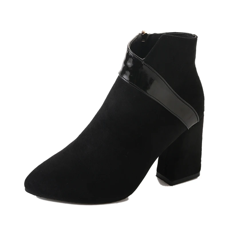 European American women Martin boot thick shallow mouth pointed high heel boots solid short plush side zipper winter shoes women - Цвет: black