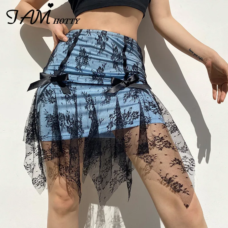 

y2k Transparent Double Layer Mesh Mini Skirt Women Harajuk Floral Lace Patchwork High-waisted Korean Fashion Skirts 90s Iamhotty