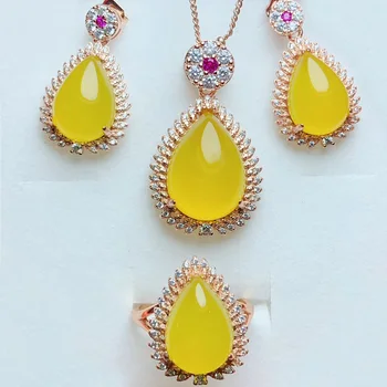 

YU XIN YUAN FINE JEWELRY GREEN JADE JEWELRY RING OF NECKLACE EARRINGS RING 925 SILVER THREE CHALCEDONY WOMEN JEWELRY SUIT CRAFT