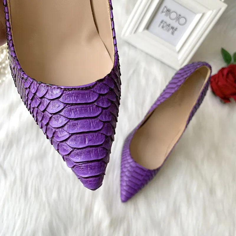 Г., стиль,, фабричная женская обувь на заказ фиолетовые туфли-лодочки на высоком каблуке 120 мм с острым носком и змеиным узором, Размер 12 10 3