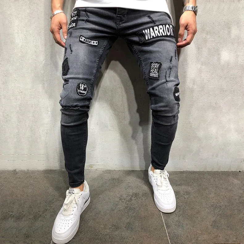 Мужская одежда, джинсы, Мужская Уличная одежда, осенние джинсовые хлопковые прямые брюки с дырками и карманами, модные потертые джинсы-карандаш - Цвет: black gray