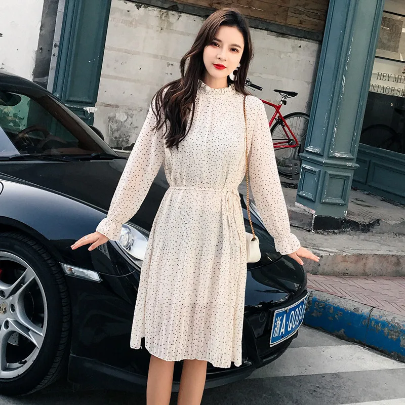 Корейское повседневное Плиссированное свободное платье, женское осеннее платье, Женское зимнее платье, женское элегантное миди платье с длинным рукавом, офисное платье - Цвет: 009-4
