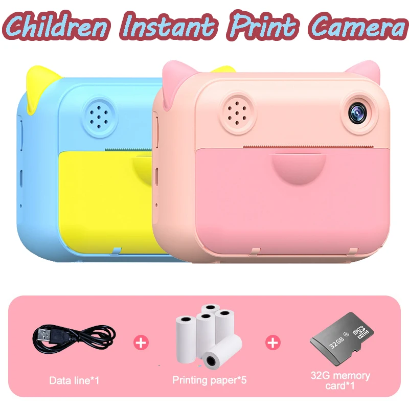 

Children Instant Print Camera 1080P HD Mini Digital Photo Video Camera Kids Camera Toys With Thermal Photo Paper 32GB TF Card