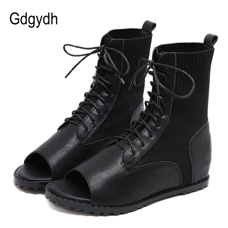 

Gdgydh Free Shipping Women Open Toe Boots Shoes Stretch Fabric Boots Height Increasing Gladiator Shoes For Summer Spring Black