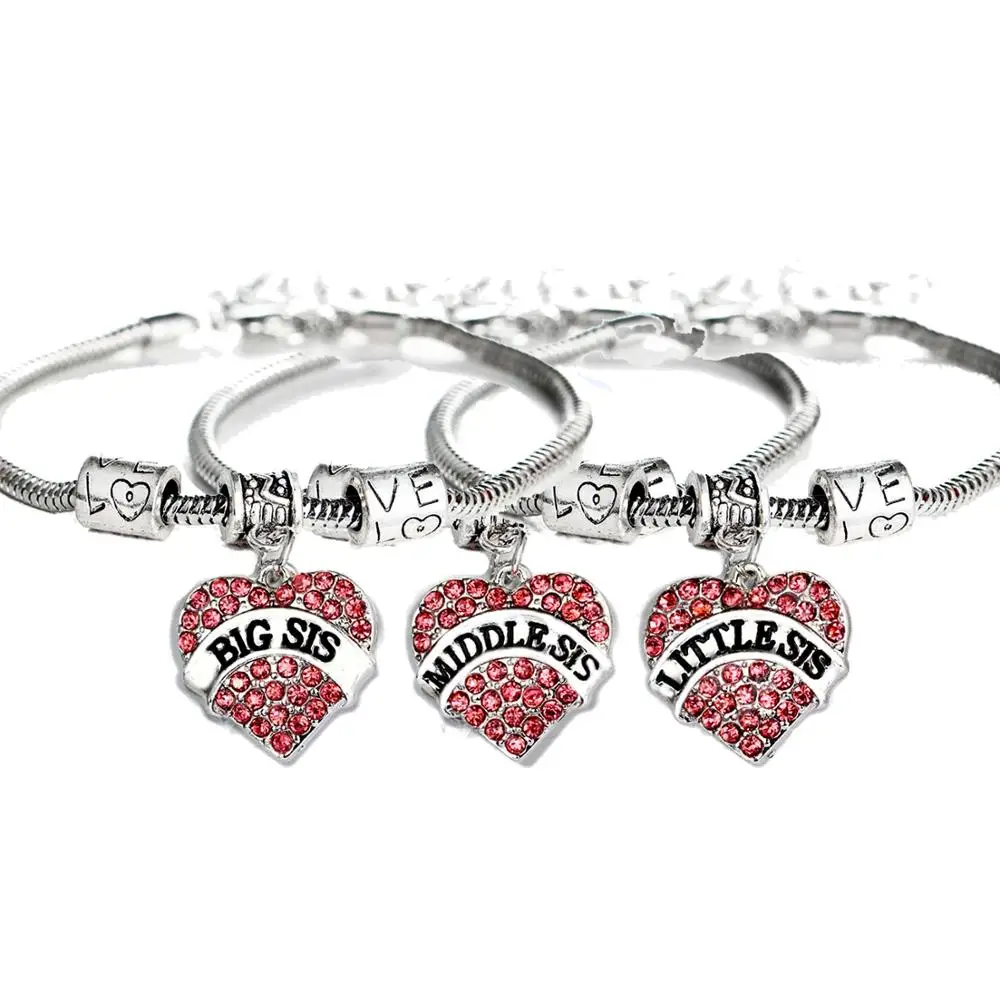 12 шт. розового цвета с украшением в виде кристаллов Маленький Средний BIG SIS Браслеты очаровательные ювелирные украшения в форме сердца Для женщин девочек подарочные браслеты Семья Love Heart бисера цепной браслет