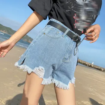 

Hong Kong taste retro chic denim shorts female summer large size student high waist hole loose loose skinny wide leg hot