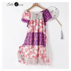 Vestido de seda con estampado de contraste para mujer, falda de muñeca de seda de morera, dulce vestido de vacaciones de ocio de doble capa, 2021
