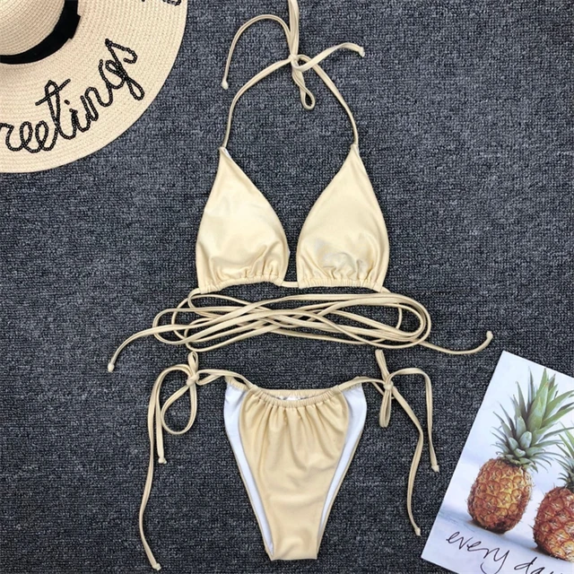 GNIM Sexy Brazilian Thong Bikini Mujer Swimwear Women 2019 Bandage Solid Swimsuit Micro Bikini Set Summer Beachwear Swim Suit 2