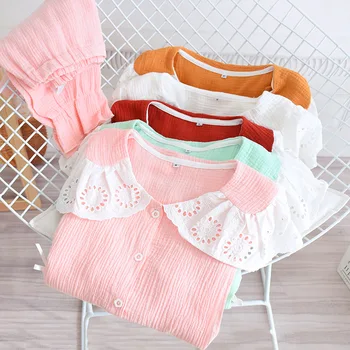 

New cotton crepe confinement clothing postpartum pregnant feeding pajamas lace lapels big breastfeeding home service maternity