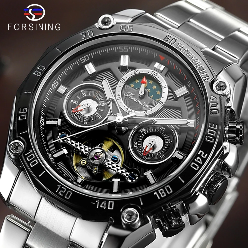

Forsining Classic Black Men's Mechanical Watch Tourbillon Automatic Moon Phase Calendar Military Sport Steel Wristwatch Relojes