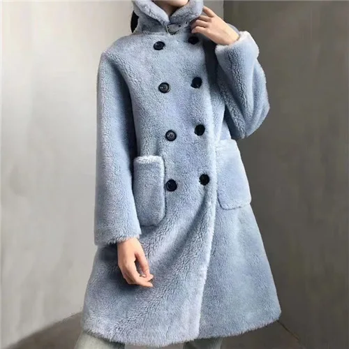 Blue Новинка, зимнее женское повседневное длинное пальто из натурального овечьего меха, Женская шерстяная куртка из натуральной овчины - Цвет: Blue