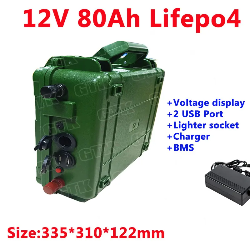 Армейский зеленый 12 В 80Ah Lifepo4 литиевый аккумулятор Встроенный BMS для полевое, для выживания большой корабль машина+ 10А зарядное устройство