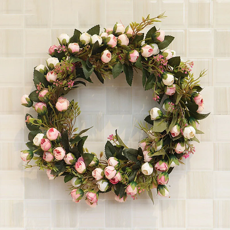 

30cm/40cm Artificial Mini Rose Floral Wreath Silk Fake Flower Garland for Home Front Door Wedding Wall Hanging Decoration