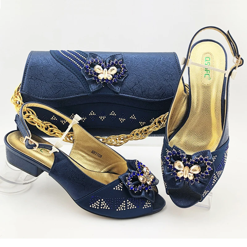 

Italian low heel sandal shoes and clutches bag set in navy blue 1.5 inches african party shoes matching bag set 2020 SB2024-6
