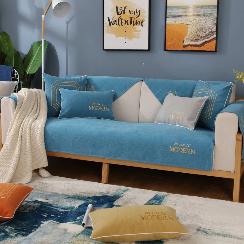 Скандинавский простой стиль синель сплошной цвет оранжевый вышивка письмо диван покрытие нескользящее диван полотенце - Цвет: Blue