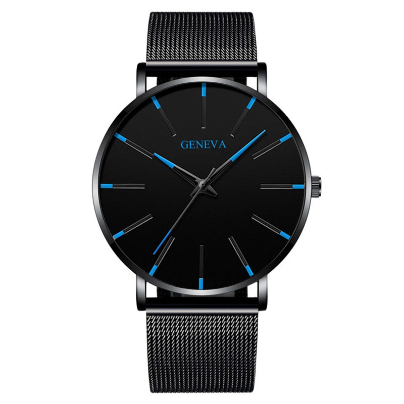 Black Blue Geneva мужские минималистичные ультра тонкие наручные часы с ремешком-сеткой из нержавеющей стали Роскошные мужские кожаные часы деловые повседневные кварцевые часы - Цвет: Black Blue