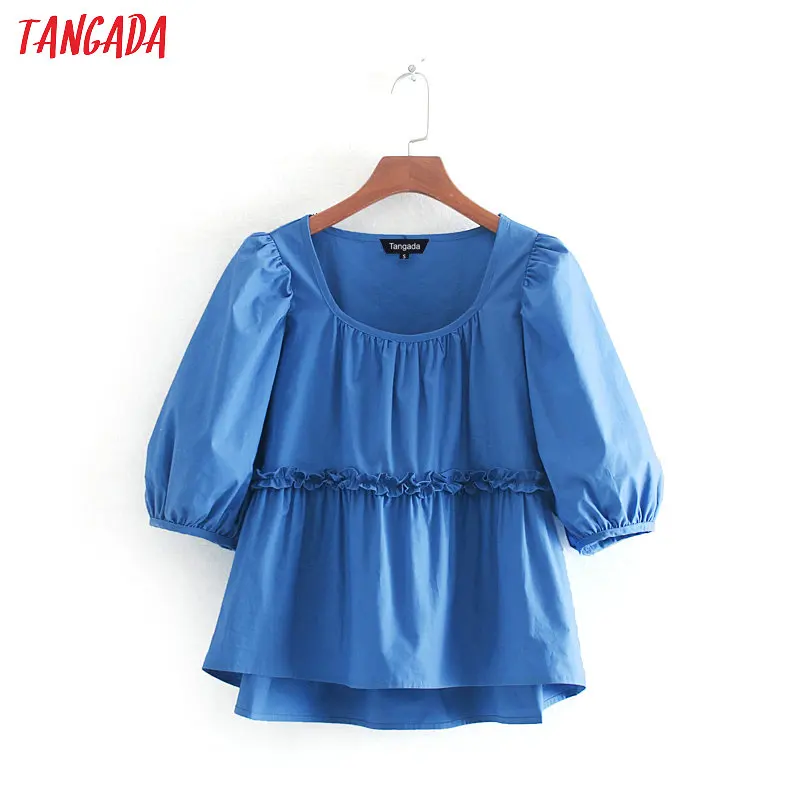 

Tangada women short style solid blouse new arrival pleated lantern sleeve blue shirts female chic tops CE169