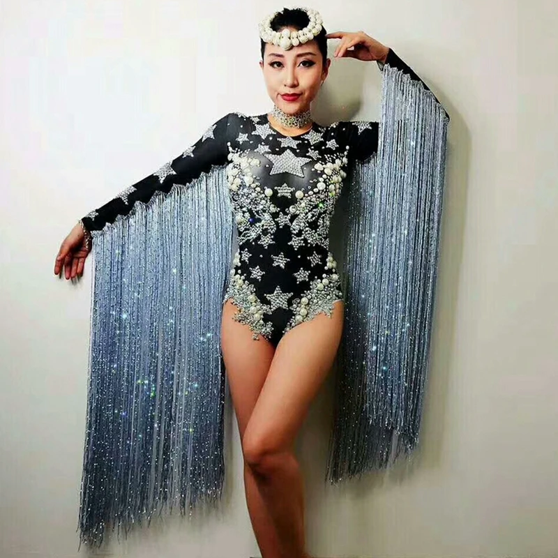 Боди с кисточками и кристаллами, стразы, одежда для сцены, трико для ночного клуба, певица, Dj, для выступлений, шоу, вечерние, Одежда для танцев