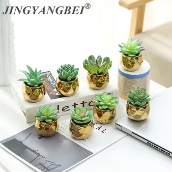 

2020 NEW GOLD Ceramics Potted Green Succulent Bonsai Set Fake Flower with Vase Balcony Artificial Plants for Home Decor