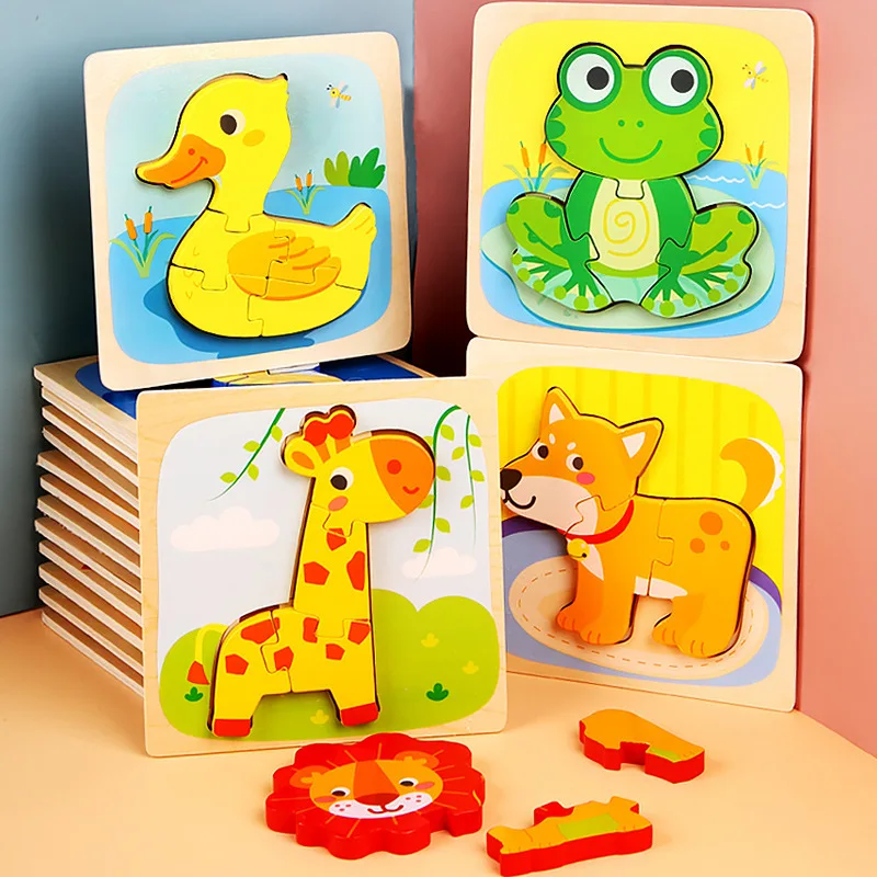 3D Wooden Puzzle Jigsaw Toys For Children Wood 3d Cartoon Animal Puzzles 