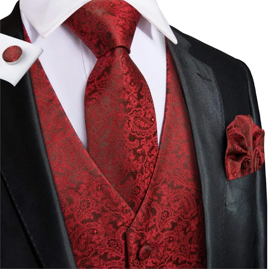 Бренд Hi-Tie, мужской жилет, красный, вечерние, свадебный платок, галстук, классический, Пейсли, Цветочный, карман, квадратный галстук, костюм, жилет