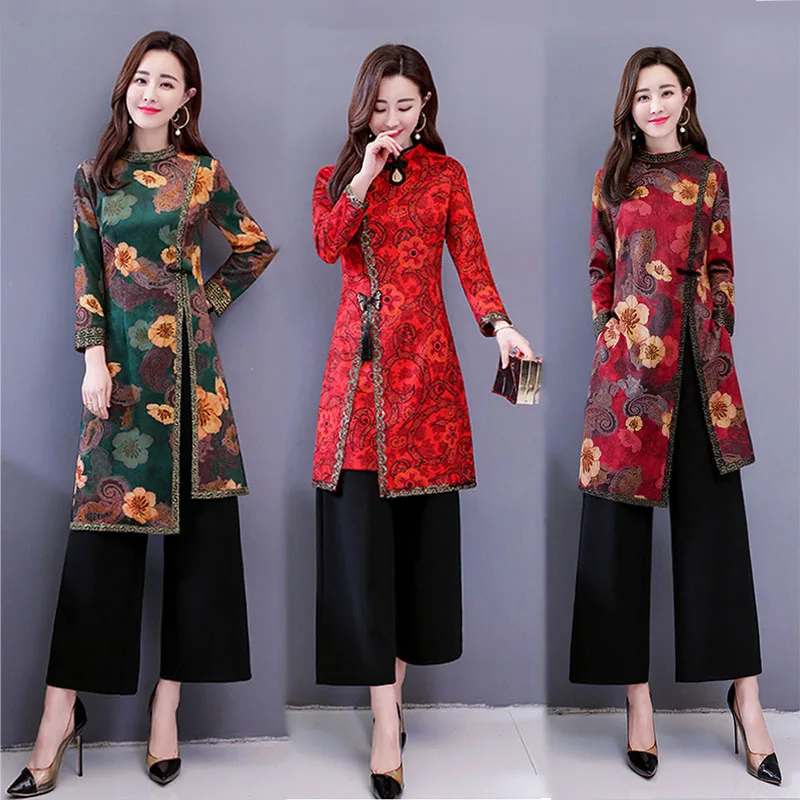ao dai вьетнамское улучшенное платье Чонсам Женская традиционная одежда с цветочным принтом азиатское платье+ штаны комплект aodai костюм