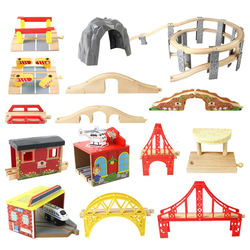 Vías de tren de madera para niños, accesorios de vías de tren, puente cruzado, variedad de componentes para vías de madera, coches de juguete