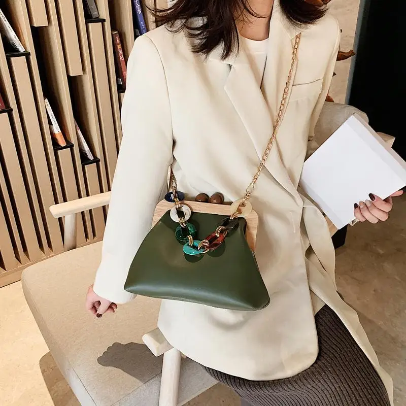 

Retro Crossbody Bags For Women Wood Clip Shoulder Bag Leather Chain Messenger Bags Luxury Handbags Vintage Jades Women Bag Bolsa