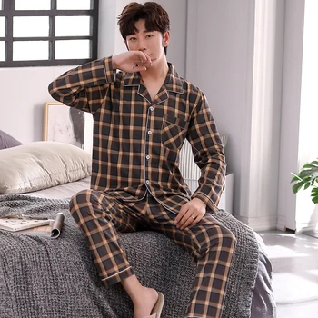 

XIZOU Striped Pajama Sets Men Plus Size Spring Autumn Soft Nightgown Knitted Long-Sleeve Lounge Mens Round Neck Clothes Homewear