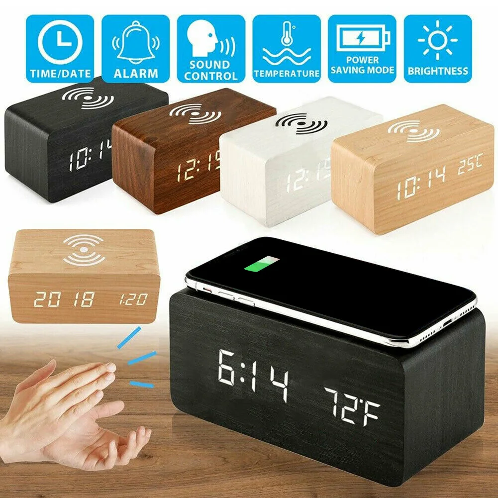 USB Led прозрачный конверт Qi Беспроводное зарядное устройство Голосовое управление современные домашние деревянные часы прямоугольник цифровой дисплей двойной мощность стол