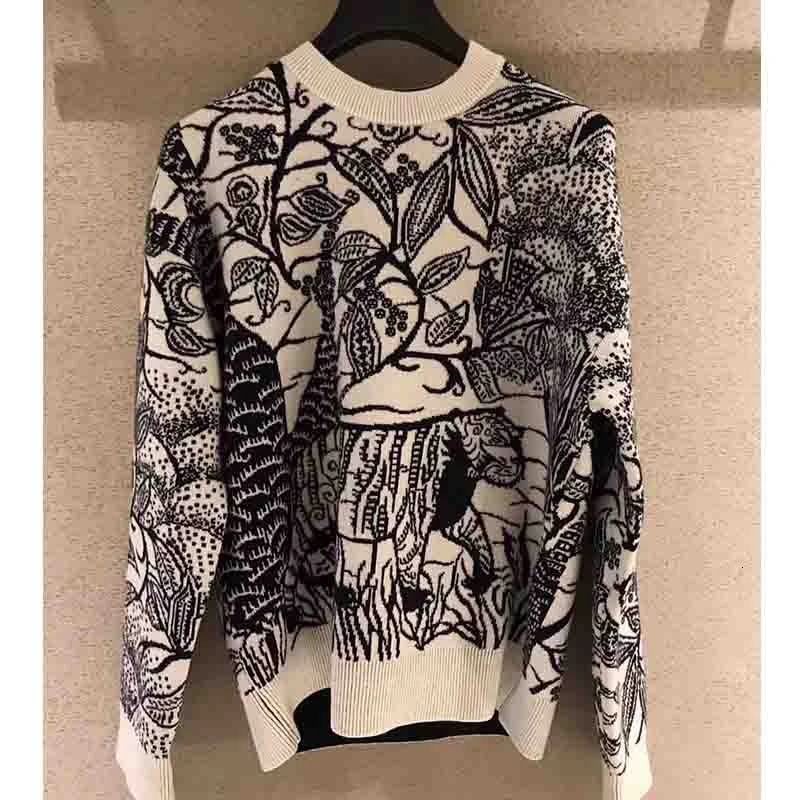 

Cosmicchic 2020 SS Women 100% Cashmere Pullover Long Sleeve O Neck Floral Print Sweater Fashion Runway Designer Sweater