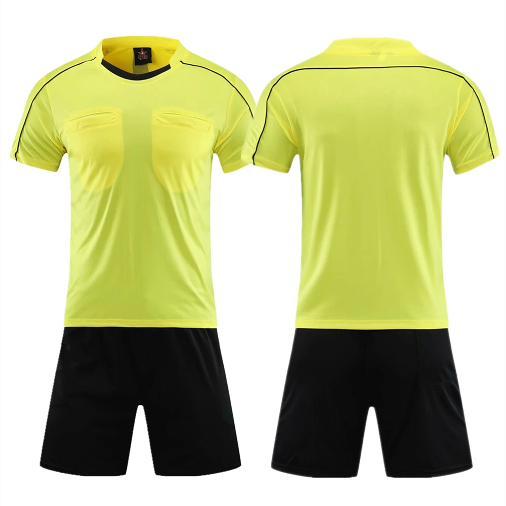 Professional Soccer Referee Uniform Men Round Neck Football Referee Jersey Set Short Sleeve Judge shirt Three Pockets Shorts