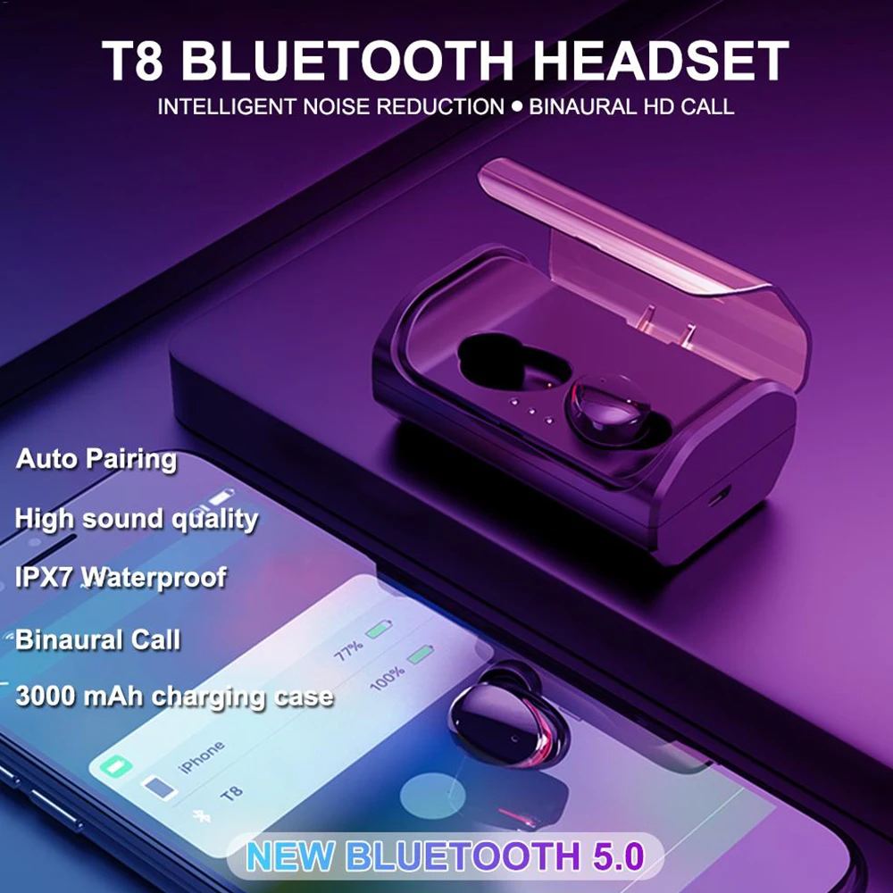 DOCIDACI TWS T8 Bluetooth наушники 5,0 беспроводные наушники глубокий бас стерео IPX7 водонепроницаемая Спортивная гарнитура с зарядным устройством