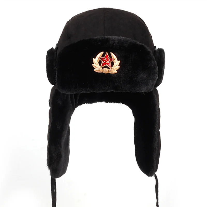 

Soviet Army Military Badge Russia Ushanka Bomber Hats Pilot Trapper Aviator Cap Winter Faux Rabbit Fur Earflap Snow Caps