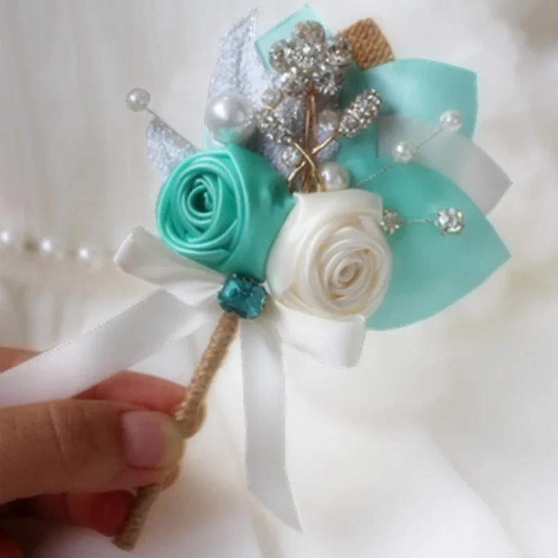 2 шт/Лот свадебное оформление в стиле tiffany blue свадебная одежда подружки невесты цветок на запястье дружки бутоньерка человек вечерние костюм для свадьбы аксессуары штифт