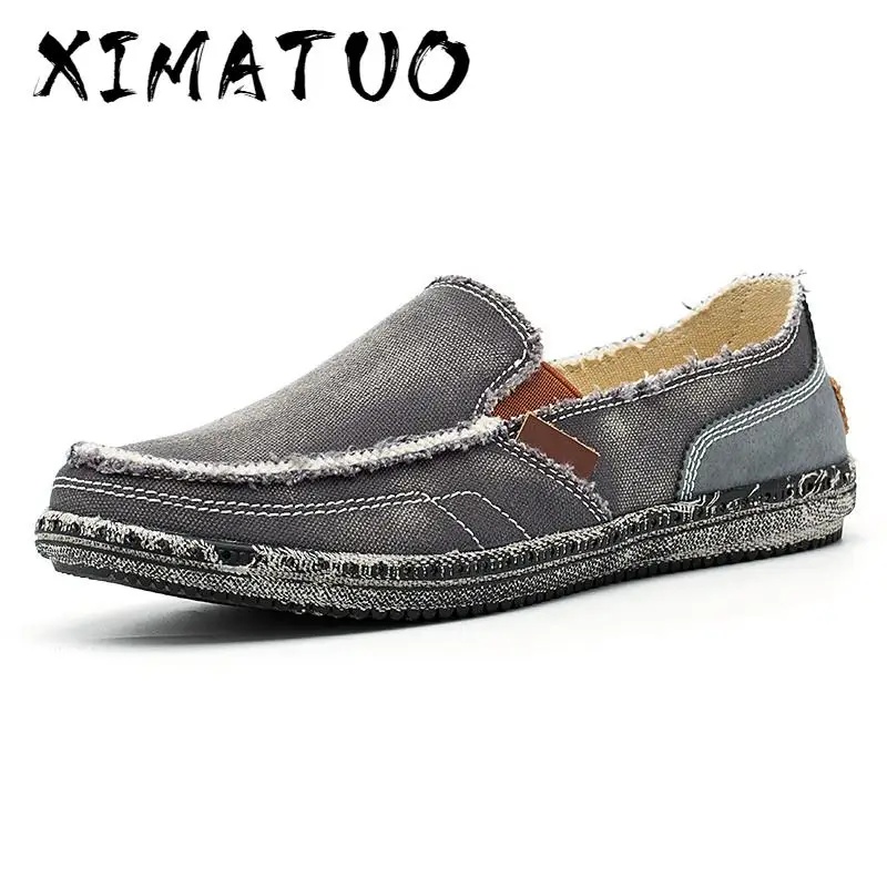 classic canvas shoes men 2020 lazy blue grey green moccasin slip on loafers washed denim casual flats | Обувь
