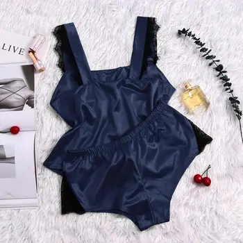 

Women Sexy Satin Silk Pajamas set Lingerie Underwear solid sleeveless tops bow Sleepwear Satin New nightie home clothe new 2020