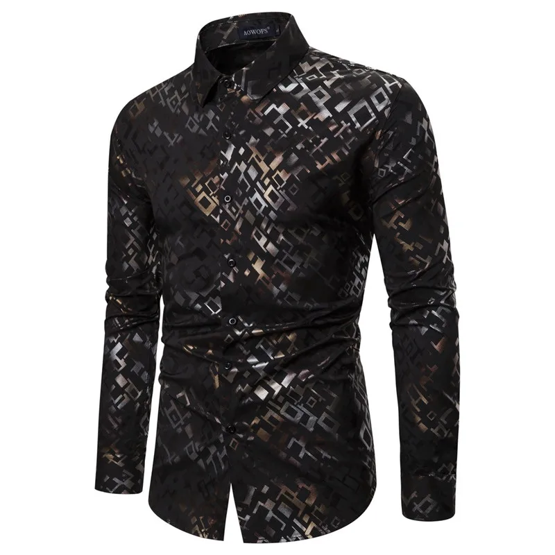 Черный и бронзовым принтом рубашка для мужчин на свадьбу выпускной Chemise Homme 2021