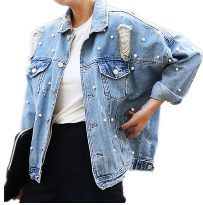 Pearls Beading Ripped Denim Jacket Women Vintage Single Breasted Long Sleeve Jean Jackets and Coats Plus Size Spring Fall