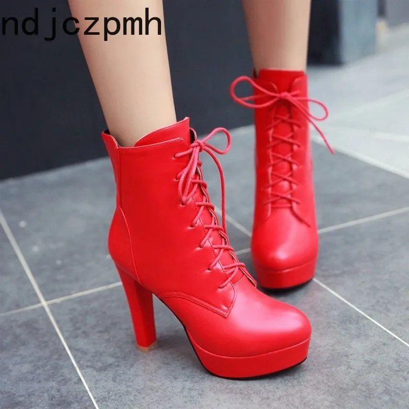 

Martin Boots Winter The New Fashion Round Head Lace-up Thick Heel High Heel Short Tube Women's Shoes Size 32-43 Black Off White