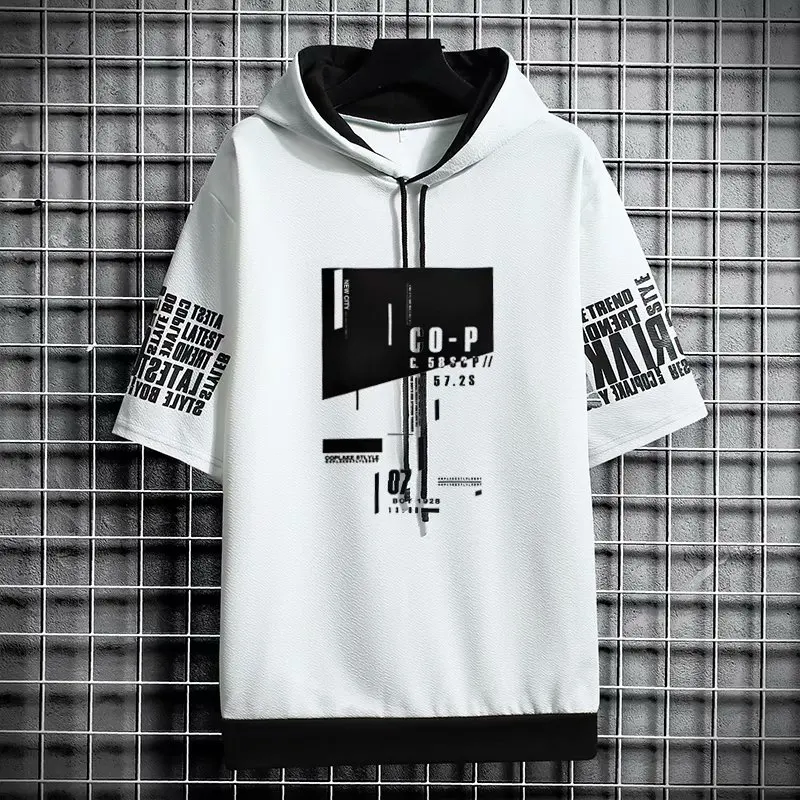 Korean Style Men Hoodies Half Sleeve Hooded Sweatshirts Casual Harajuku Prints zip up hoodie,print hoodies