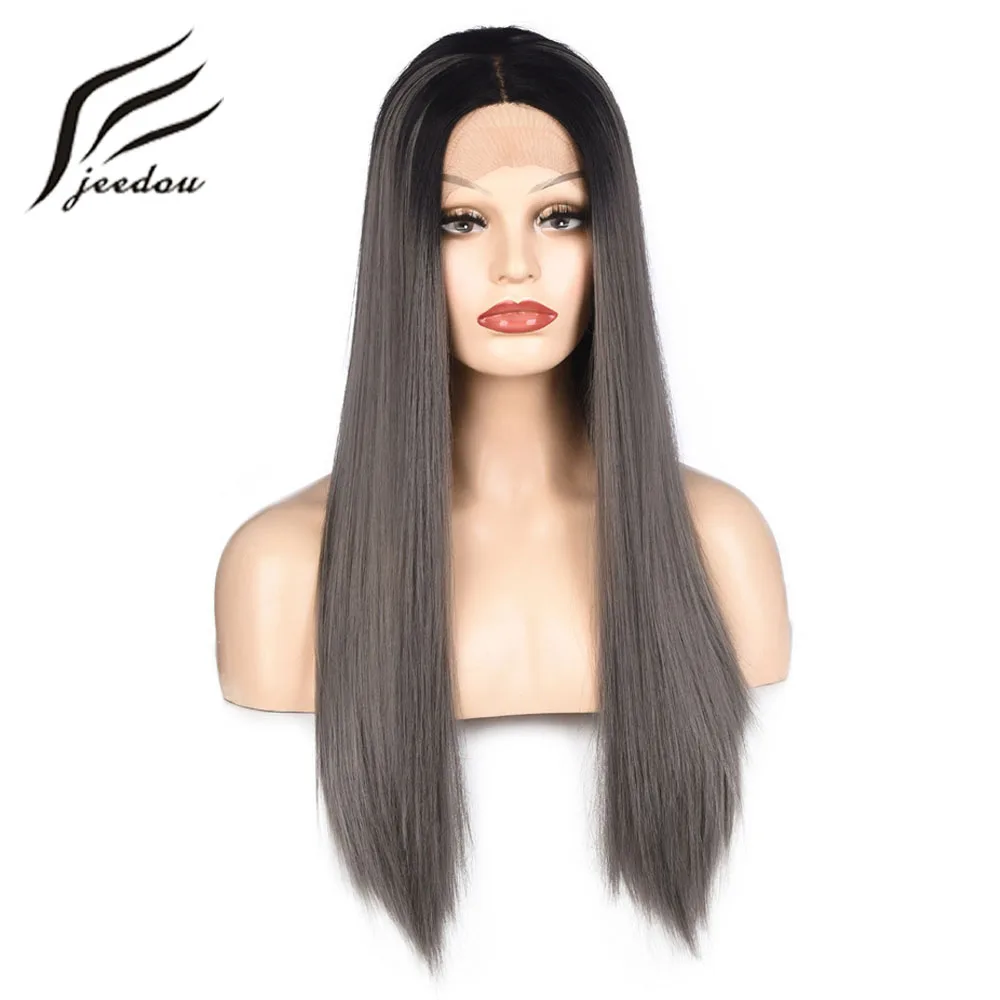 

jeedou Lace Front Wig Synthetic Hair Long Straight 24" 60cm Natural Black Gray Red Ombre Color For Gril Women's Lace Wigs