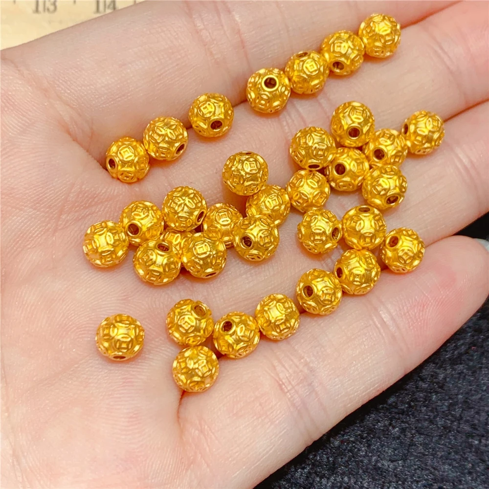 Real 24K Yellow Gold Bead 3D Coin Ball Bead Lucky Money Transfer Loose Bead  6mm/8mm