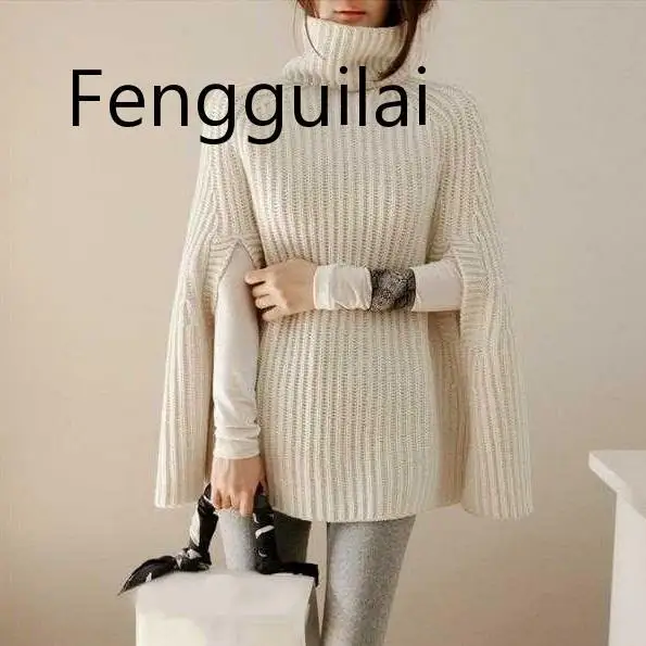 Autumn Winter Elegant Women Turtleneck Knitted Sweaters And Pullovers Casual Black Jumper Cloak Sweaters Loose Female Poncho Autumn Winter Elegant Women Turtleneck Knitted Sweaters And Pullovers Casual Black Jumper Cloak Sweaters Loose Female Poncho