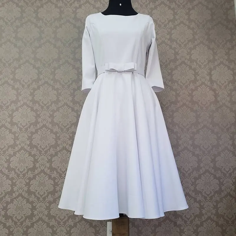 

Simple White High Waist Elegant Dress Midi Round Neck Women 2019 Fall Autumn Office Ladies Pleated Dress Work Mid-Calf Vestido