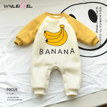 

WLG winter toddler baby girl o-neck cartoon banana patchwork single button rompers new born kids full warm thick cotton cloth