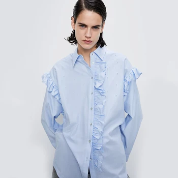 

New ZA Sky Blue Shirt Women Imitation Pearls Long Sleeve Turn-Down Collar Laminated Decoration Breasted Closure Casual Shirt