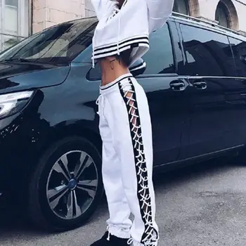 

Ladys Hollow Out Patchwork Sporty Harem Pants Drawstring Sweatpants High Waist Lace Up Trousers Women Casual Street Pants